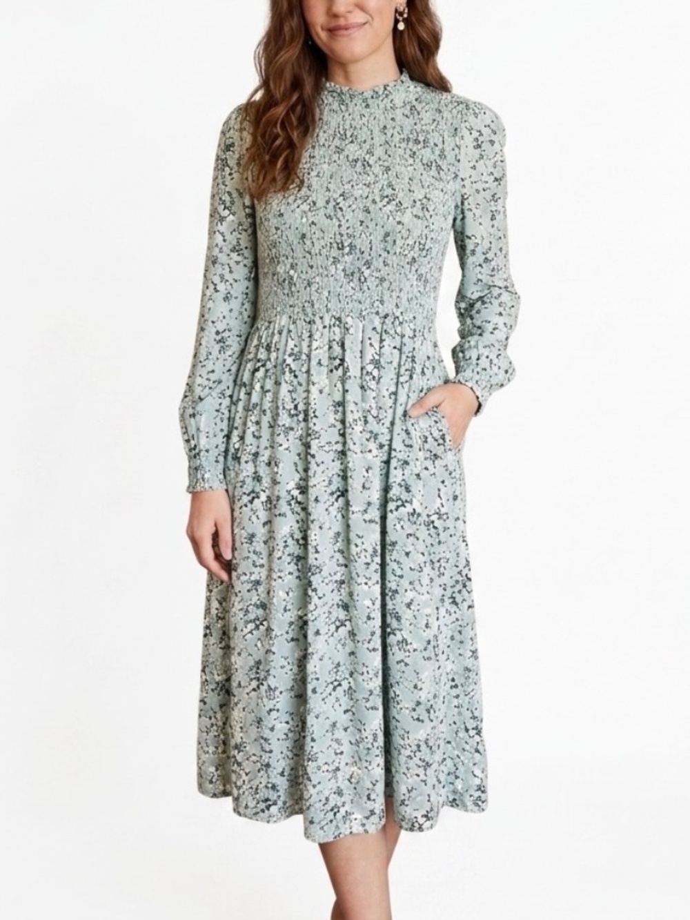 Byrd By Tzippy Sage green Micro Floral Long sleeve Dress Sz XXS Boho Modest